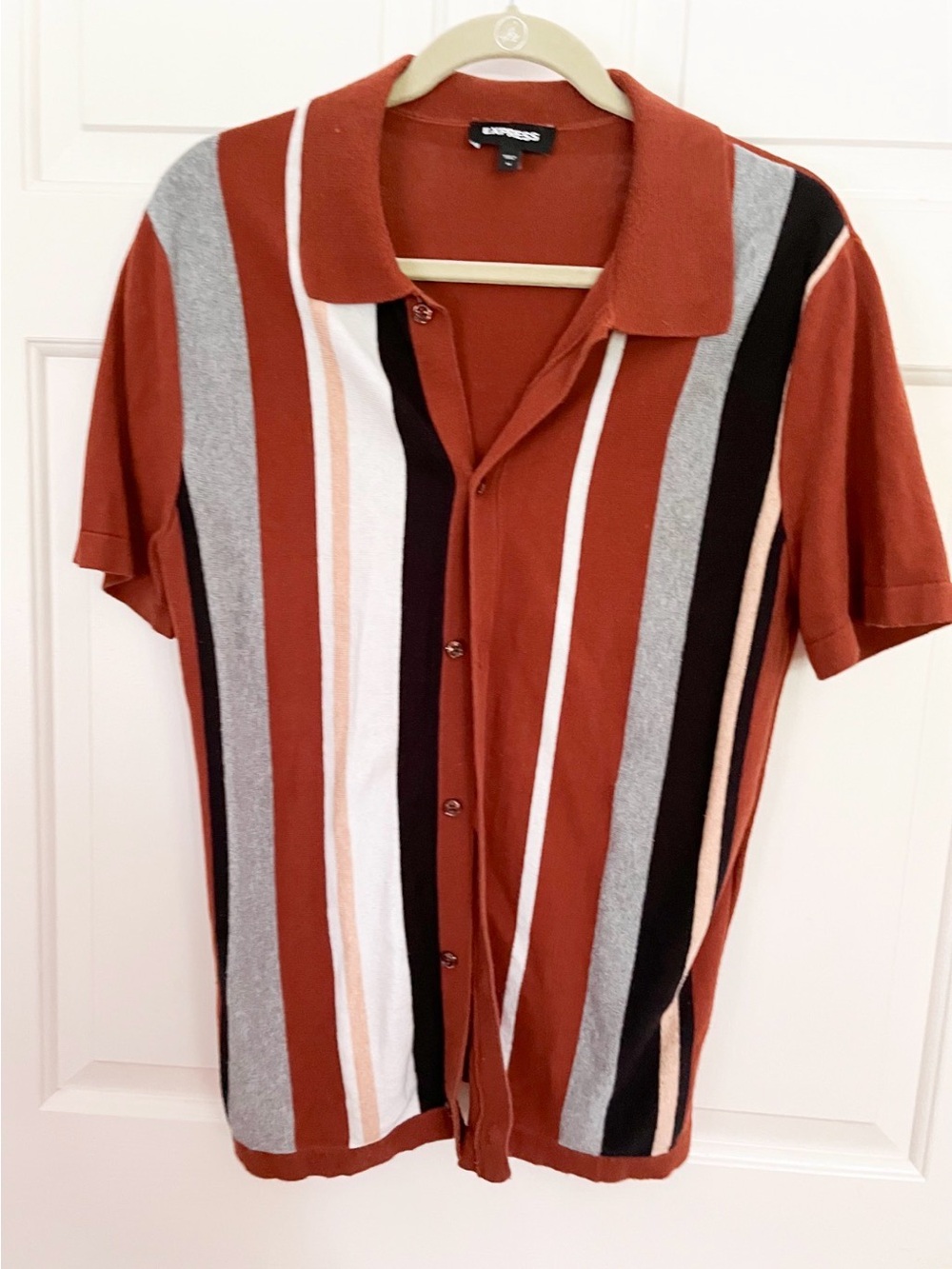 Express Men's Rust Brown Vertical Stripe Button-Up Polo Shirt M